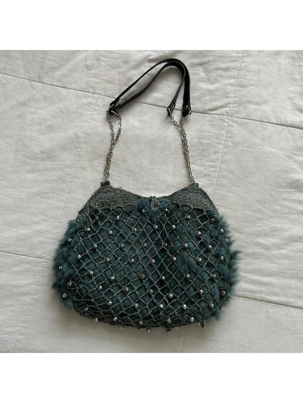 Cache Cache green fur overlay mesh bag with bead closure